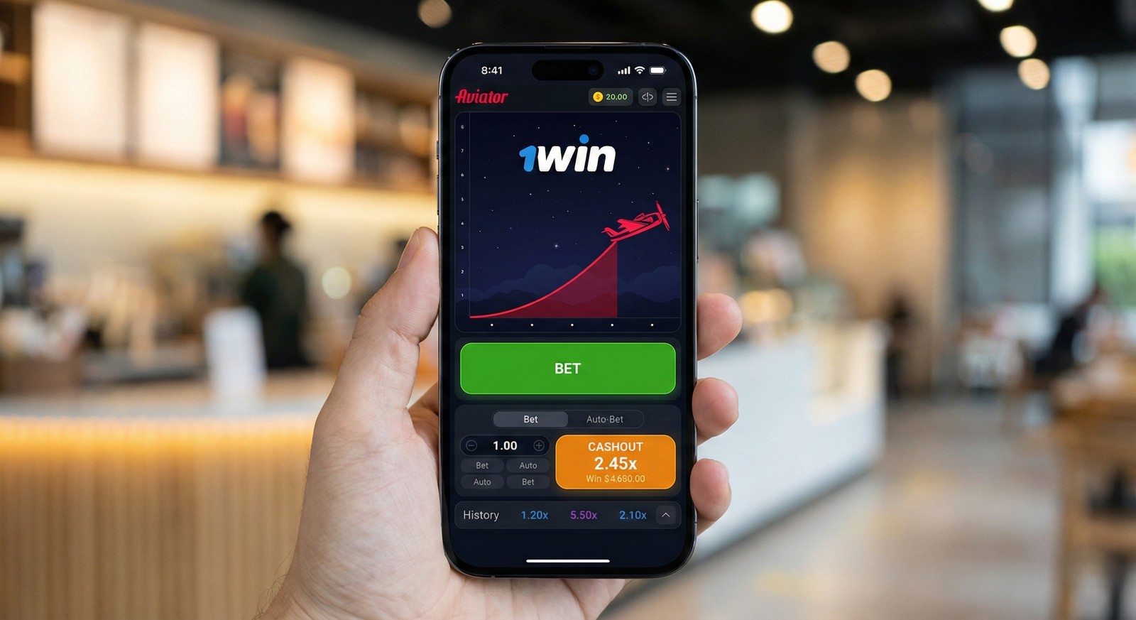 Close-up of a hand holding a phone with 1Win Aviator game interface, showing a red plane, cashout button and multiplier.