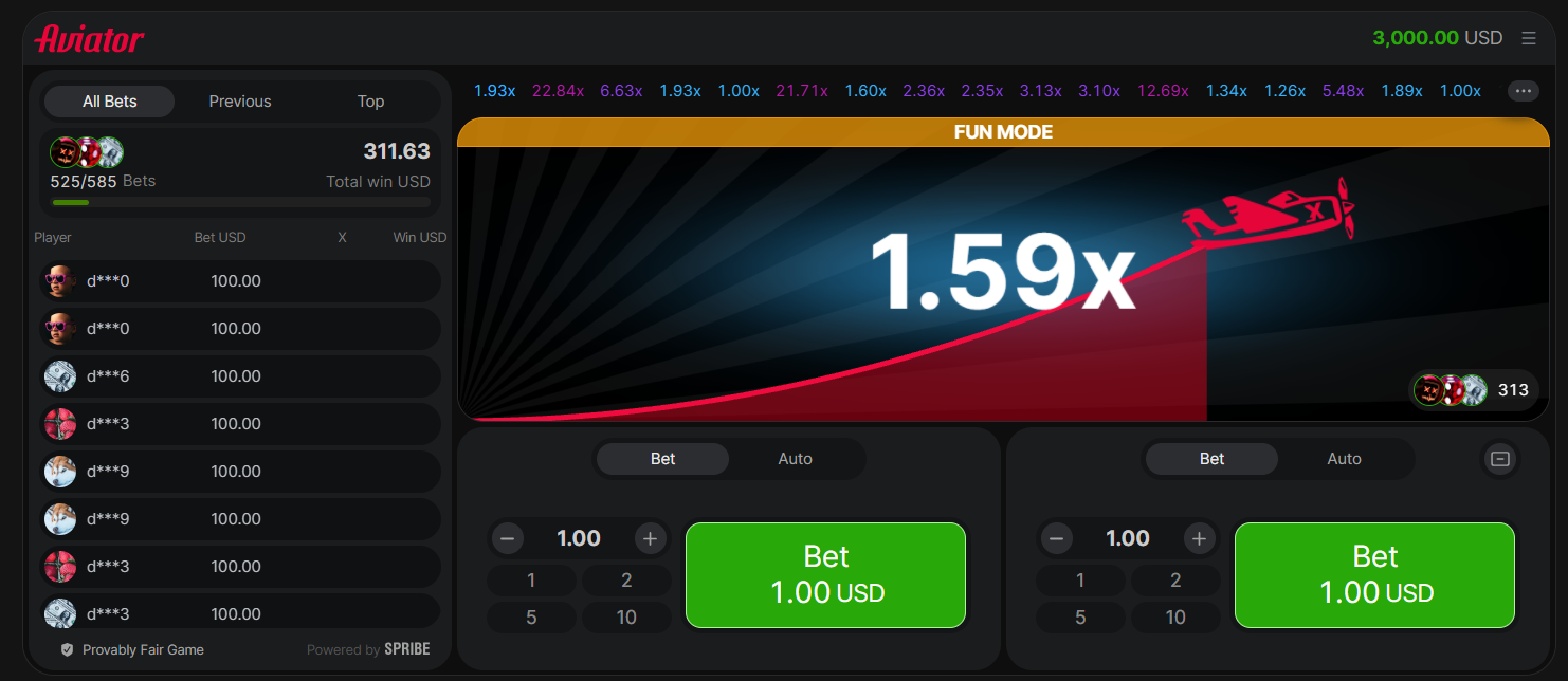 A screenshot of the Aviator game by Spribe showing a red plane flying with a 1.59x multiplier and betting panel.