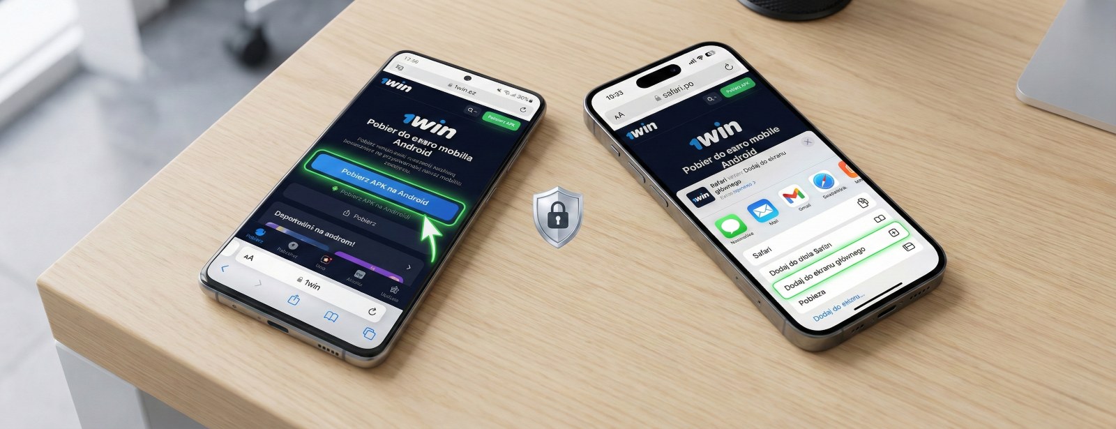 Two smartphones on a desk displaying the 1Win download process for Android APK and iOS PWA with a security lock icon