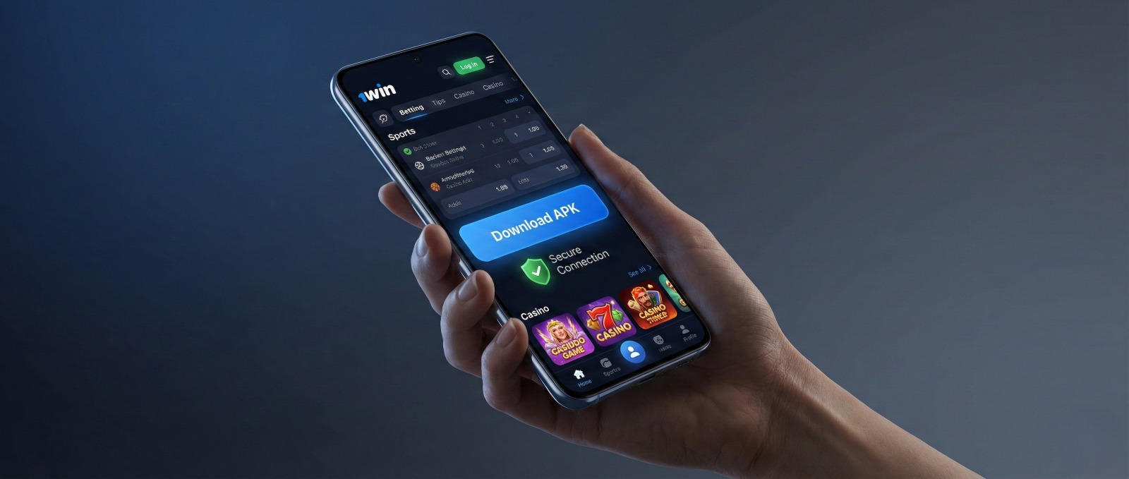 A hand holding a smartphone showing the 1Win download APK screen with a secure connection badge and casino icons